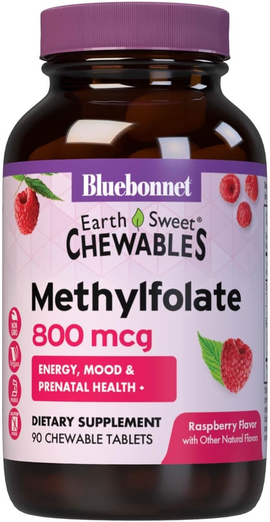 Bluebonnet EarthSweet Methylfolaat 800 mcg Cellular Active Coenzyme 5-MTHF L Methylfolaatsupplement - Prenatale en energieondersteuning* - Non-GMO, Veganistisch, Glutenvrij - Raspberry - 90 Kauwtabletten