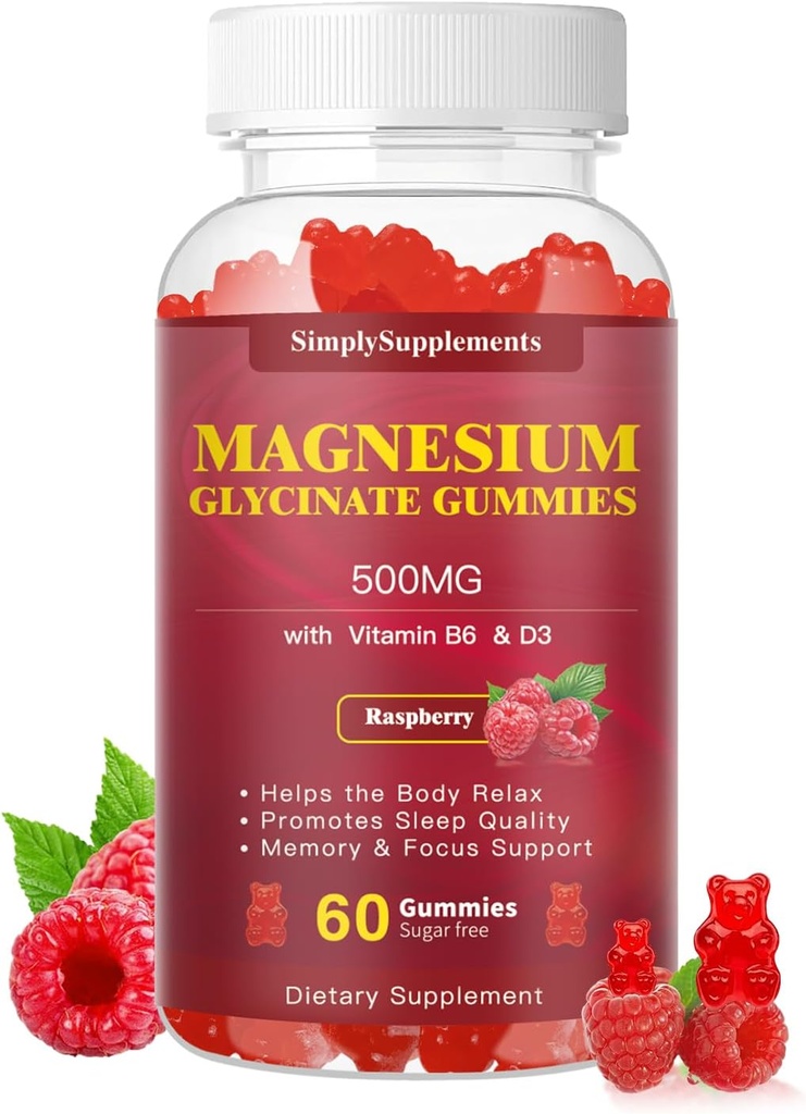 Glycinat de magnésium Gommies 500mg, supplément de magnésium à croquer avec vitamine D3, B6, CoQ10, pour la relaxation, le sommeil et l'humeur, Gommies de magnésium calme - 60 Gommies de framboise