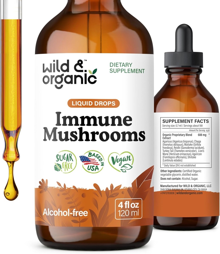 Wild " Organic Immune Mushroom Tincture - 8-in-1 Immune Support with Chaga, Reishi, Turkey Tail, Lion’s Mane, Maitake Extract - Liquid Mushroom supplement - Vegan, Sugar " Alcohol-Free drops - 4 oz