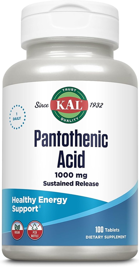 Acido pantotenico KAL 1000mg, Vitamina di rilascio prolungata B5 - Integratori di energia - Supporta il metabolismo dei carboidrati, grassi e proteine, salute dei capelli e della pelle, Vegan, garanzia di 60 giorni, 100 Serve, 100 compresse