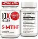 10X Health 5-MTHF Methylfolate - Phần bổ sung trung bình Folate & Manesium cho não, tim khỏe mạnh, DNA & nơ ron chuyển đổi máu tổng hợp - Sinh học Methyl Folate - Phụ trung bình 60 Capsules