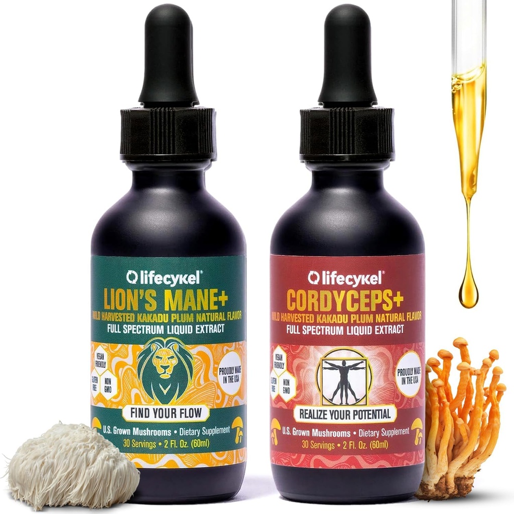 Life Cykel Cordyceps +Lion's Mane Ekstraktı Performans Paketi - Enerji, Focus və Ruh Klassik üçün Organic Mushroom Supplement - ABŞ Made, Mushroom Liquid Drops
