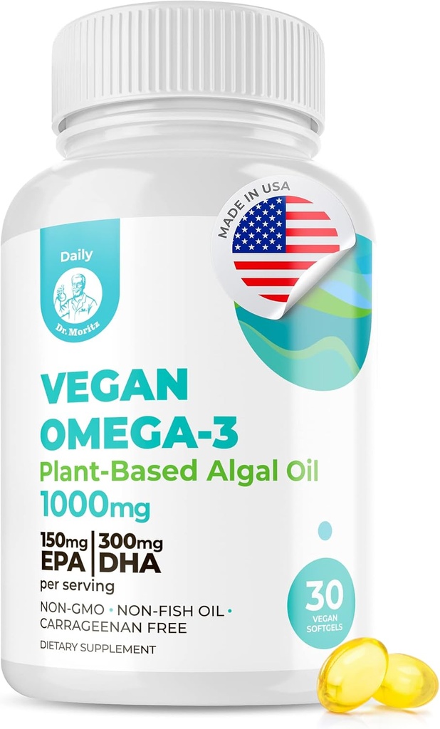 DR. MORITZ Vegan Omega-3 Softgels para adultos e nenos, feito de aceite de algae con EPA DHA, suplementos de Algae Omega 3 pequenos, Vegan, 30 Count