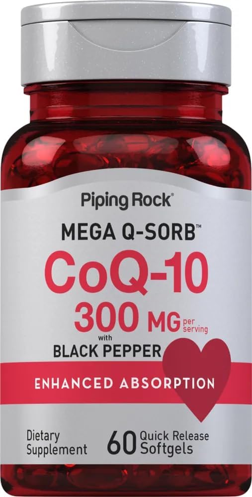 CoQ10 300mg | 60 Softgels | with Black Pepper | Coq10 Coenzyme Supplement | Mega Q-Sorb | Enhanced Absorption | Non-GMO, Gluten Free | By Piping Rock