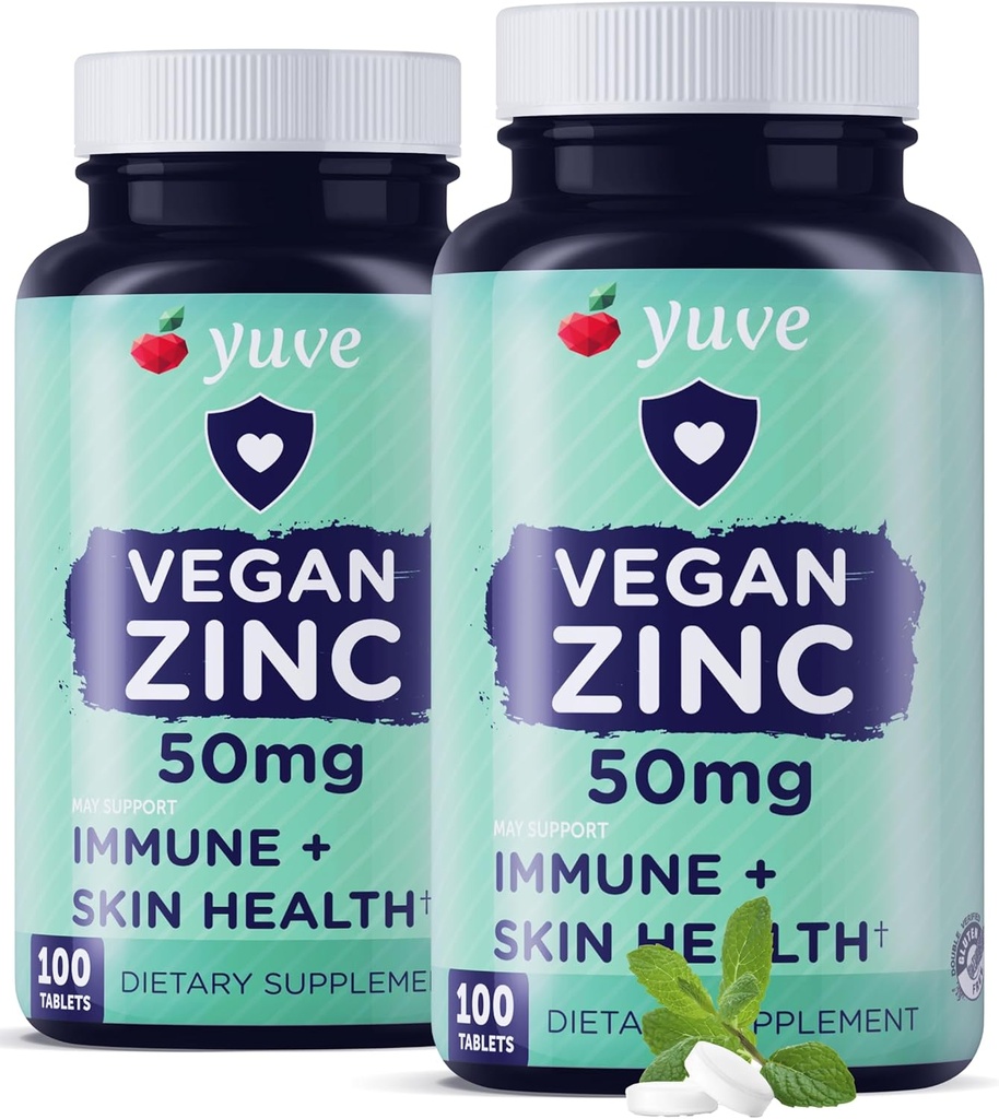 Yuve Natural Vegan Zinc Vitamins Supplements 50mg, Supreme Immune Support, Fast Relief from Colds and Flu, Acne Free Skin, Healthy Hormone Levels, Non-GMO, Gluten & Sugar Free - 100 Veg Tabs (2 Pack)