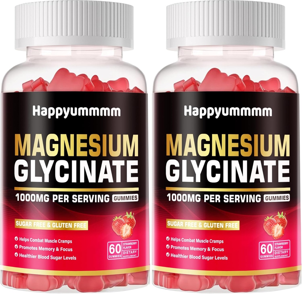 magnesio Glycinate Gummies 1000mg - Suplemento de potasio de magnesio libre de azucre con vitamina D, B6, CoQ10 para o estado de ánimo e sono - 120 Gummies de fresa