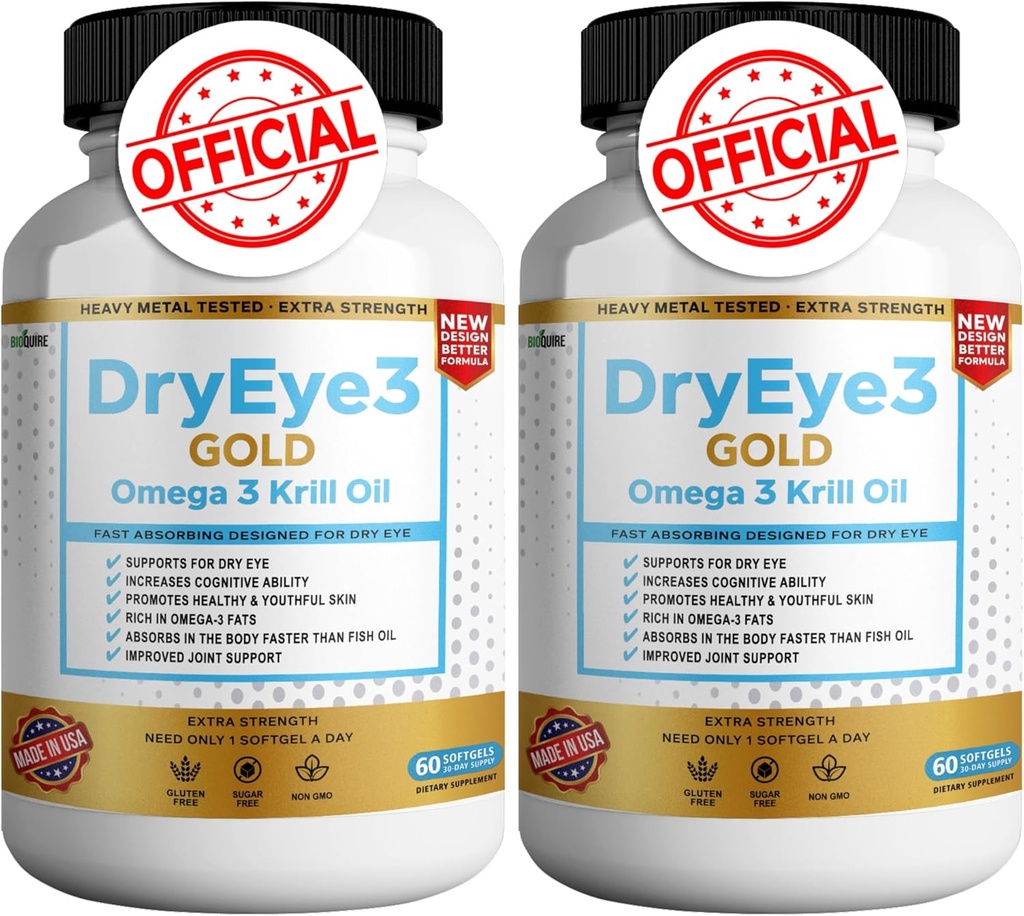 Dry Eye 3 Gold Omega 3 Krill Oil Extra Strength, 60 Softgels, Dry Eye Support, Non-GMO, Gluten Pulsuz, Sugar Free (2)