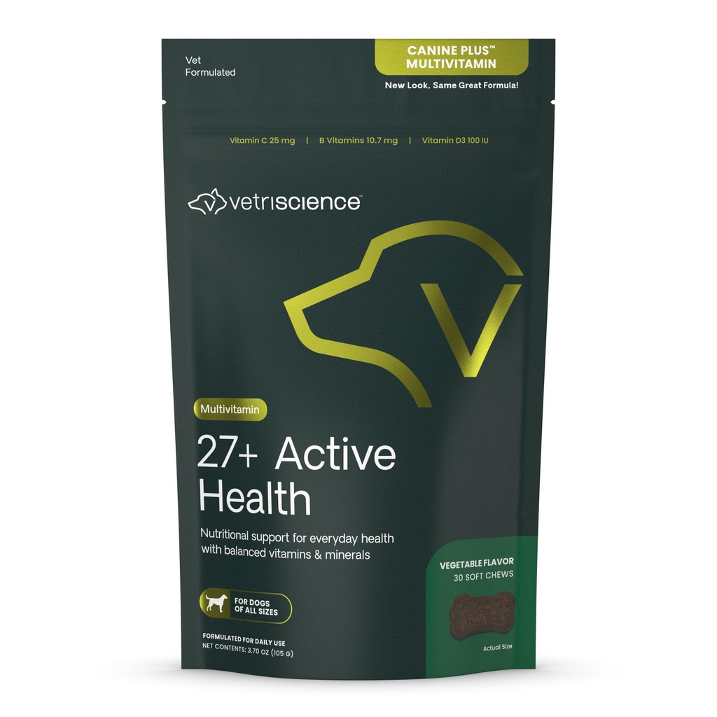 VetriScience 27+ Active Health Chews, Canine Plus Daily Multivitamin for Puppies and Adult Dogs, Balanced Vitamins, Minerals & Antioxidants, Veggie, 30 Count
