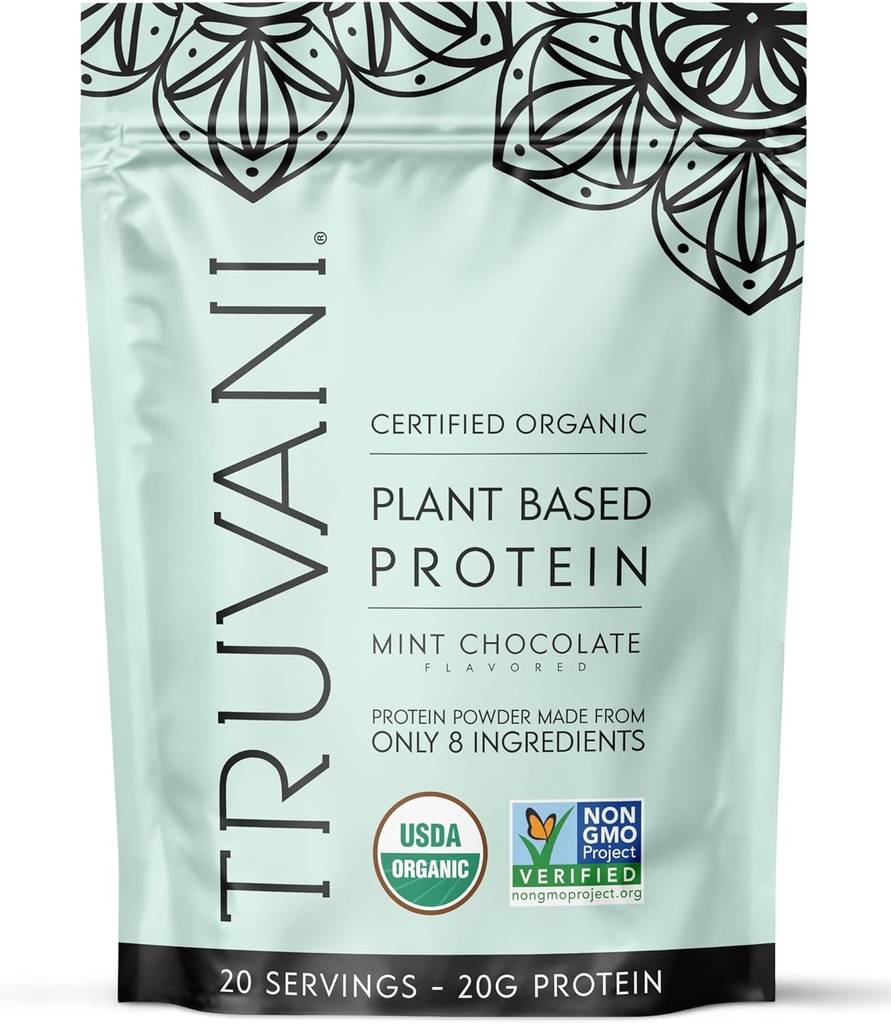 Truvani Vegan Pea Protein Powder | 20g Landareetan oinarritutako proteina organikoa | Keto | Gluten eta Dairy Free | Carb baxua | Azukrea gehitu gabe | Mint Chocolate | 20 zerbitzari |