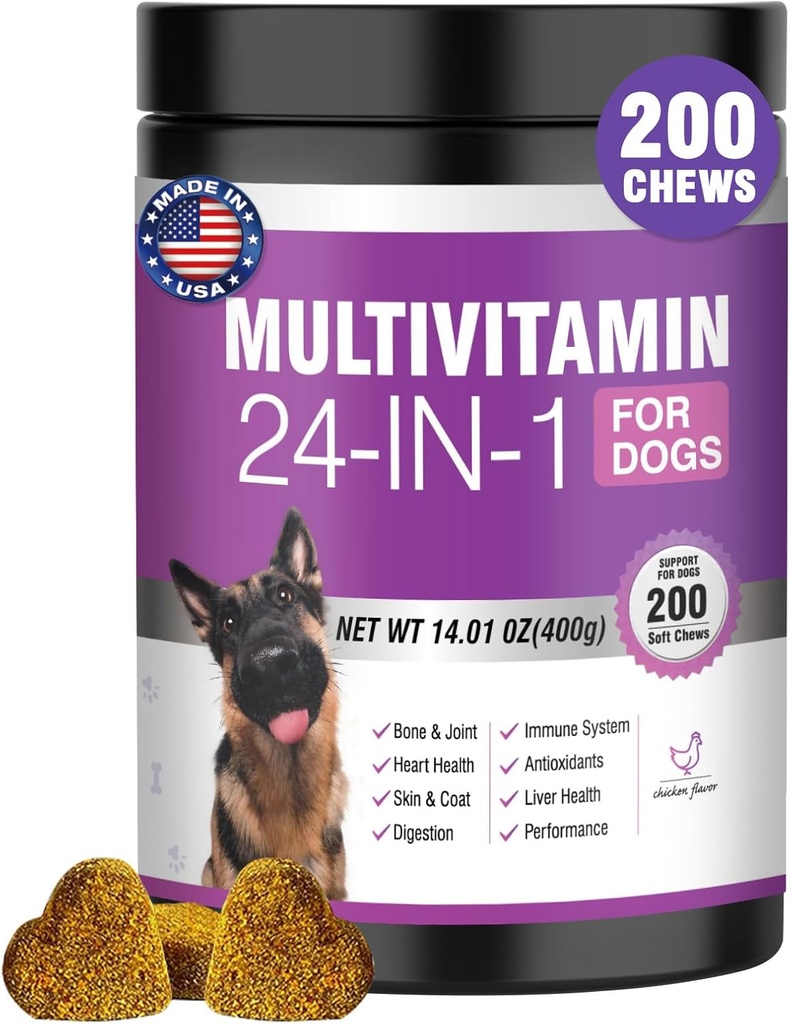 24in-1 Dog Vitaminlər və ekspertlər 200 Ct Dogs Multivitamin Chewable Contain Chondroitin Probiotiklər Omega-3 Gludrominoloqlar Skin Coat Heart Joint Gut Liver Brain Eyes Immune