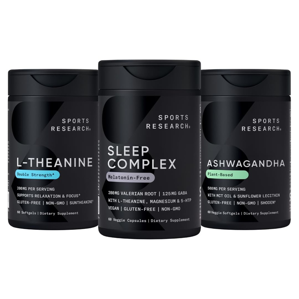 Sports Research® De-Stress & Sleep Bundle - Melatonin-Free Sleep Complex, Double Strength L-Theanine Supplement and Ashwagandha Softgels with Coconut MCT Oil for Relaxation, Calm & Sleep Support