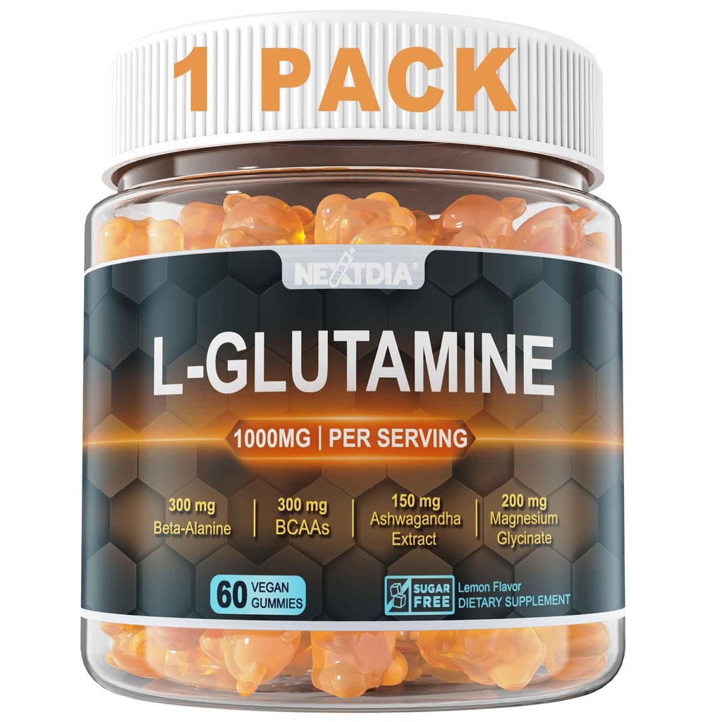 Nextdia L-Glutamine 1000mg Gummies for Women & Men| with Beta-Alanine, BCAAs, Magnesium Glycinate, Potassium & Ashwagandha | Vegan | Sugar-Free & Extra-Chewy | 60 Counts