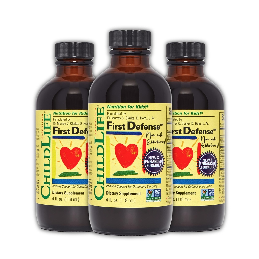 CHILDLIFE ESSENTIALS First Defense Immune Support, 4 Fl Oz (Pack of 3) | Kids Immune Support, Toddlers 1-3, Babies 6 Months+, Vitamin Syrup, Elderberry, Zinc, Non GMO, Gluten Free