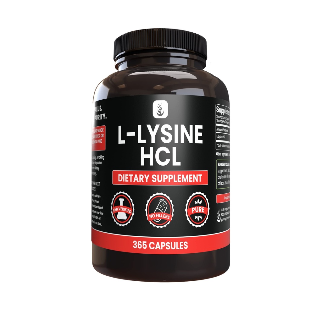 PURE ORIGINAL INGREDIENTS L-Lysine HCl (365 Capsules) No Magnesium Or Rice Fillers, Always Pure, Lab Verified
