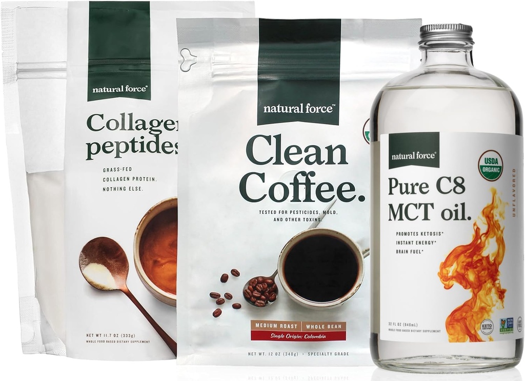Natural Force Organic Clean Coffee, Collagen Peptides, and Pure C8 MCT Oil Bundle – Toxin Free Coffee, Grass Fed Collagen, & MCTs - Non-GMO, Keto, & Paleo - 12 Oz, 11.7 Oz, 32 Oz