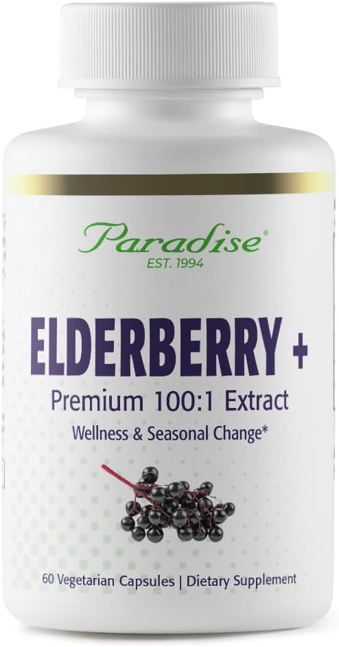 Paradise Yrtit Elderberry kanssa Sinkkiuute, Tukee Body's Natural Defenses, Super Potent, Ultra Pure, Vegan, Non GMO, Gluteeniton, 60 Kasvissyöjä kapselit