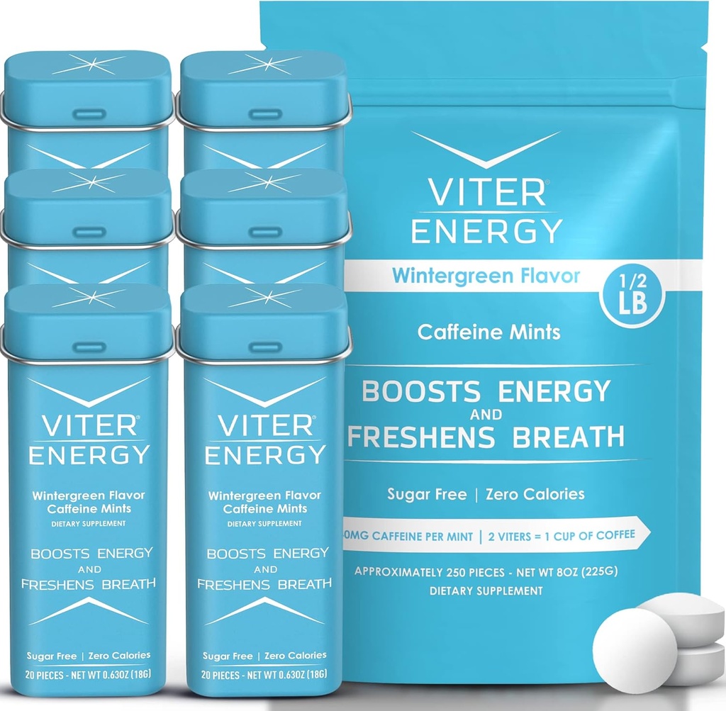 Viter Energy Original Caffeine Mentes Wintergreen Flavor 6 Pack et 1/2 livres sac en vrac - 40mg caféine, B vitamines, sans sucre, végétalien, puissant booster d'énergie pour la concentration et l'alerte