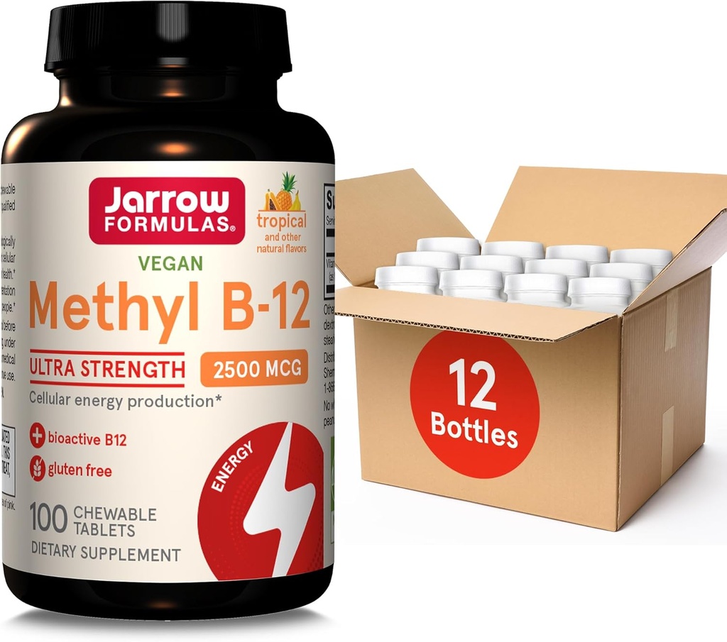 Jarrow Formules Ultra Strength Methyl B-12, Dieetsupplement voor Cellular Energy Production, 100 Tropical-Flavored Kauwtabletten, Tot een 100-daagse levering, Pack van 12