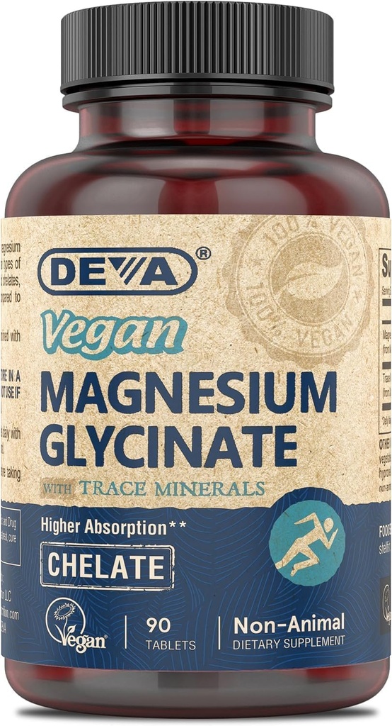 DEVA Vegan Magnesium Glycinate 300mg per serving with Trace Minerals, Higher Absorption, Chelated Magnesium, 90 Tablets