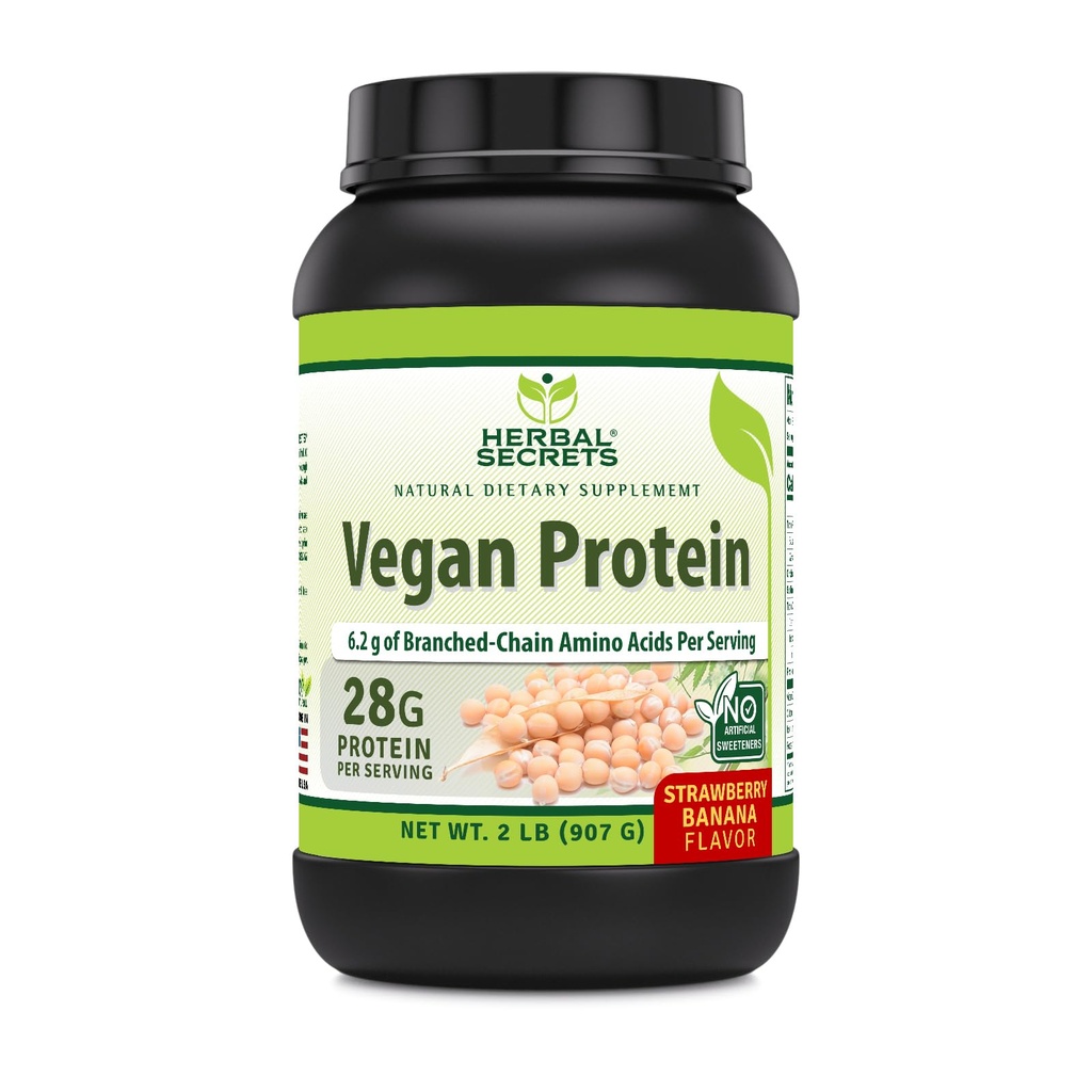 Herbal Secrets Vegan Protein | 28 Grams Protein | 23 Servings | 6.2 Grams BCAA Supplement | Made in USA (2 Lb, Strawberry Banana)