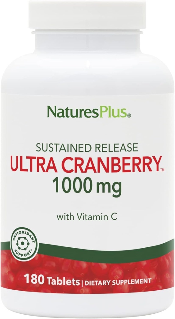 Natures Plus Ultra Cranberry 1000, libération prolongée - 1000 mg - Cranberry naturel avec vitamine C - Promotion de la santé du trac urinaire - 180 comprimés végétariens (90 portions)
