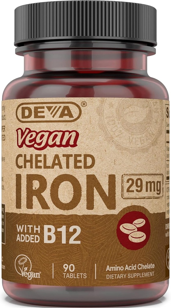 Deva Vegan chelated ijzer met toegevoegd vitamine B-12, Dieetsupplement, 29 mg, 90 Tel.