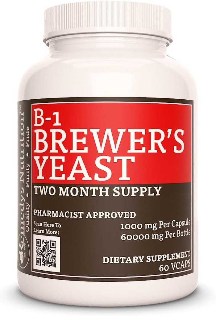Remedy’s Nutrition Vitamin B-1 with Brewers Yeast , 1,000 mg, 60 Vegan Capsules Dietary supplement th Two Month Supply