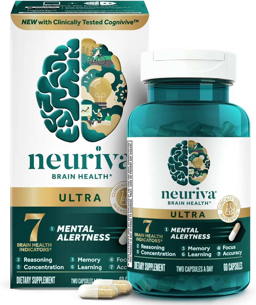 NEURIVA Ultra-kapsulatuak Nootropic Brain Supplement for Mental Alertness, Memory, Focus & Concentration, Cognivive, Neurofactor, Phosphatidylserine, B6 B12 bitaminak, 60 kapsulak