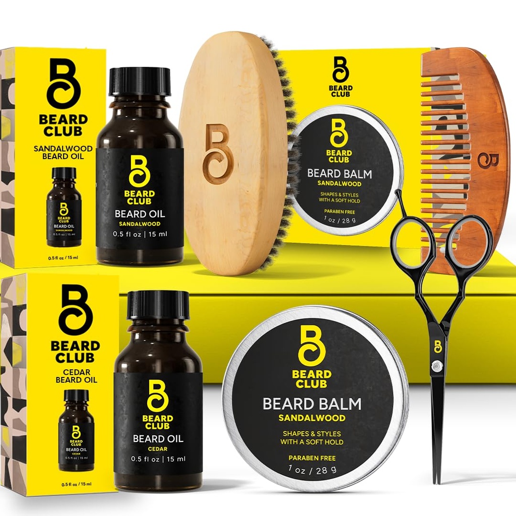 Barbă Club Barbă Kit pentru bărbați - Kit de îngrijire și îngroșare - Cedar & Sandalwood Oil, Sandalewood Balm, Boar Bristle Brush, Comb, Trimming Foarfece - Set de cadouri pentru tata