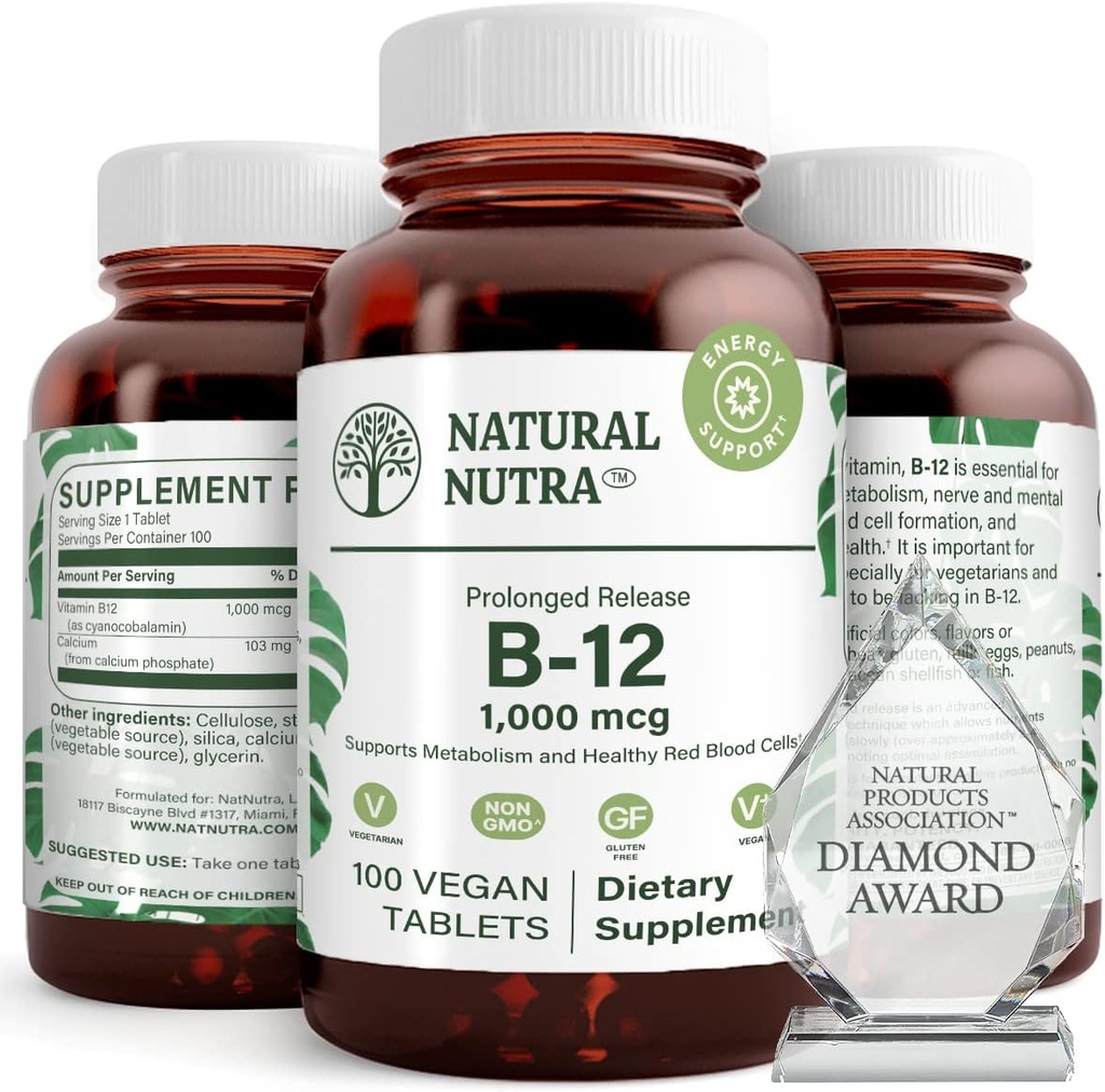 Natural Nutra vitamin B12 1000 mcg, Podpora srdce & Nerve zdraví, Cobalamin B12 dodatek, fosfát vápenatý, pomoc v metabolismu zdraví, optimální absorpce, gluten zdarma, cukr zdarma, 100 Vegan tablety