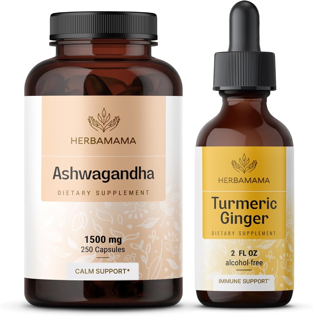 HERBAMAMA Ashwagandha and Turmeric Ginger Kit - Bundle из 1500 мг корневых капсул Ashwagandha & Turmeric Ginger Tincture 2 fl oz - Vegan, Non-GMO, Sugar & Alcohol-Free - 2 Pack