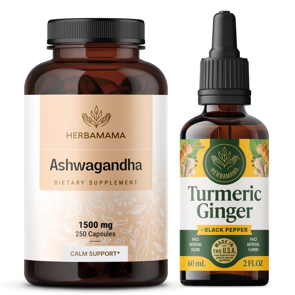 HERBAMAMA Ashwagandha and Turmeric Ginger Kit - Bundle of 1500 mg Ashwagandha Root Capsules & Turmeric Ginger Tincture 2 fl oz - Vegan, Non-GMO, Sugar & Alcohol-Free - 2 Pack