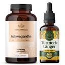 HERBAMAMA Ashwagandha and Turmeric Ginger Kit - Bundle of 1500 mg Ashwagandha Root Capsules & Turmeric Ginger Tincture 2 fl oz - Vegan, Non-GMO, Sugar & Alcohol-Free - 2 Pack