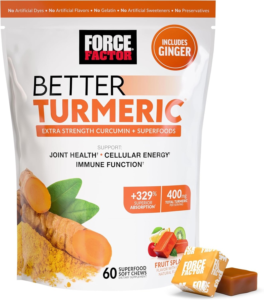 FORCE FACTOR Lepszy suplement Turmeric 400mg z Black Pepper & Ginger, Superior Absorption, jak gumki turmerowe, Splash owoców, 60 Turmeric Chews