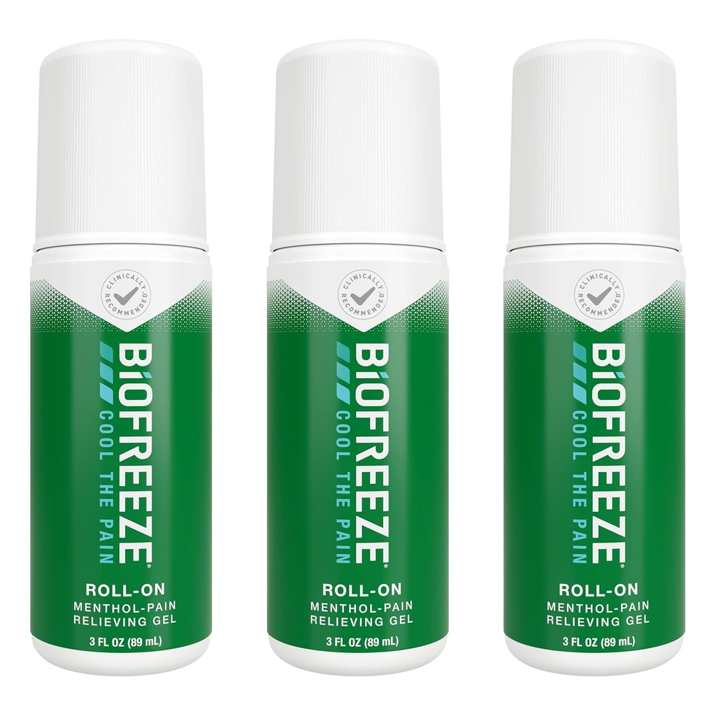 Biofreeze Roll On Pain Relief põlvedele, kaelale, puusadele, liigestele, õlale ja lihtsale seljavalule, artriidi valu leevendamisele, valu lihaste leevendamisele, mentoolile 3 Fl Oz (pakk 3)
