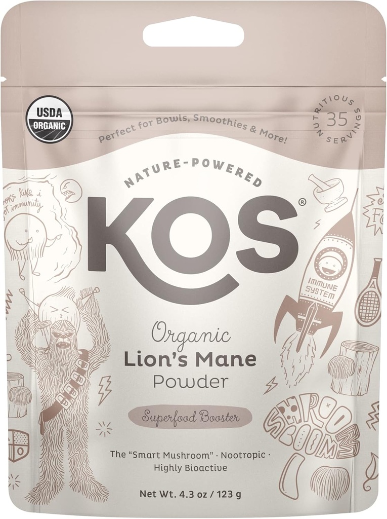 Kos Organic Lion 's Mane Powder - Natural Nootropic Superfood to Support Focus - Vegan Functional Houba, Plant based, USDA Certified, Non- GMO, Soy & Gluten- Free - 35 Servings Bag