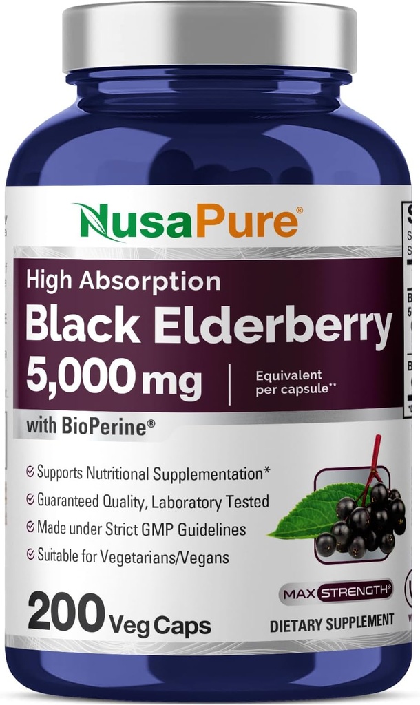NusaPure Black Elderberry 50:1 Extracto, 100 mg Equivalente a 5,000mg por cápsulas de Veggie, 200 Conde (Non-GMO, Bioperina)