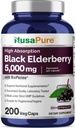 NusaPure Black Elderberry 50: 1 Extract, 100 mg ekwiwalent 5 000 mg na Veggie kapsułki, 200 Count (Non-GMO, Bioperine) Sambucus Supplement