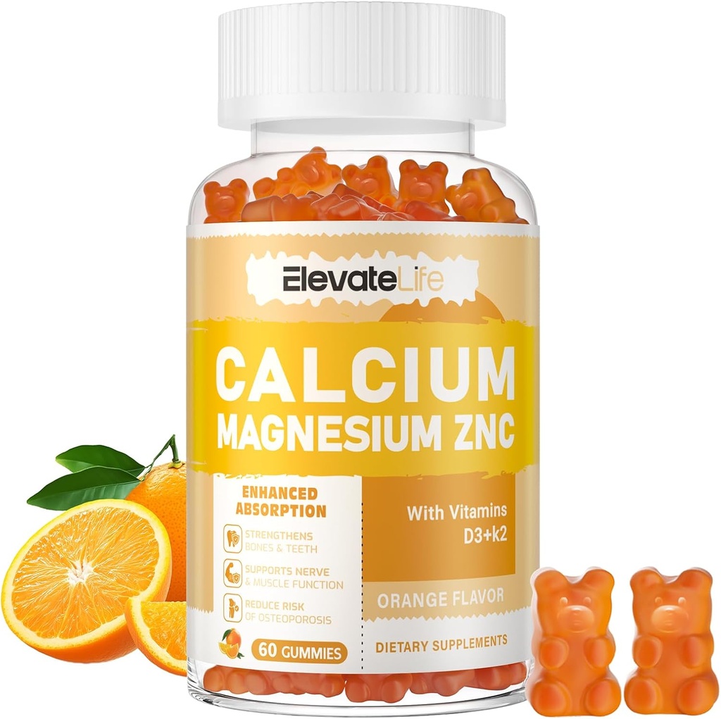 Calcium Magnesium Zin Gummies với vitamin D3 & K2 - High Potency Exorption -60 Orange Gummies Flavored