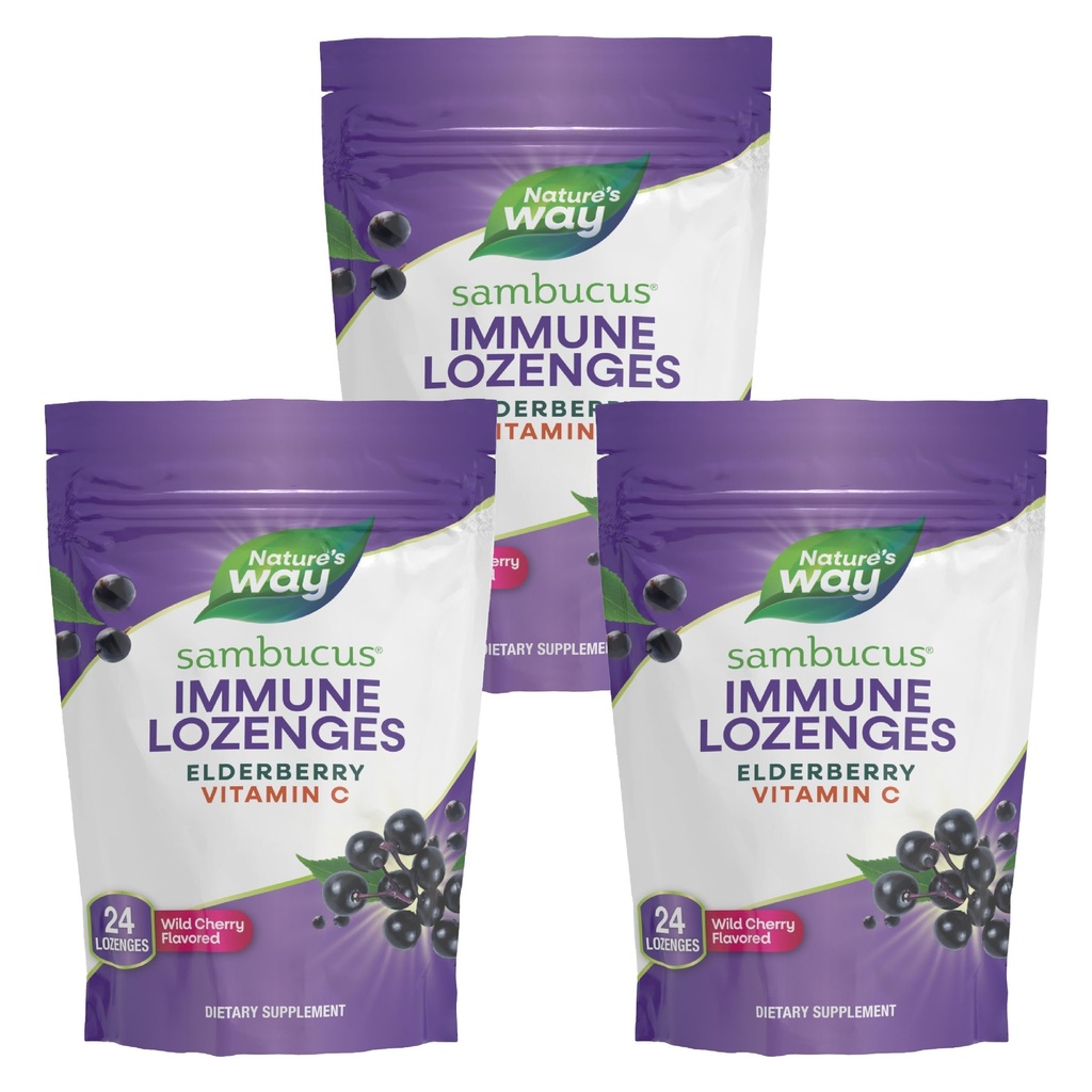 Nature's Way Sambucus Immune Lozenges, High Potency Vitamin C, Elderberry, Wild Cherry Flavored, 24 Lozenges (Packaging May Vary) - Pack of 3