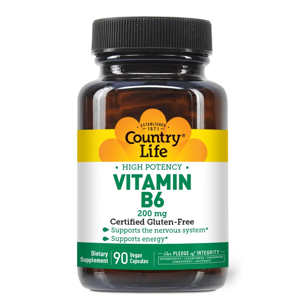 Country Life Vitamin B-6, High Potency, Supports Energy and The Nervous System, 200mg, 90 Vegan Capsules, Certified Gluten Free, Vegan, Halal
