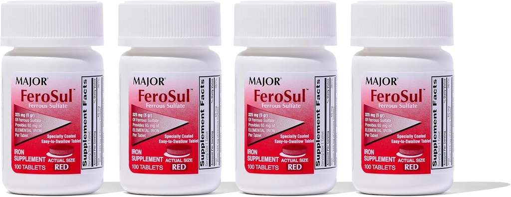 Major FeroSul - Sulfato Ferroso 325 mg Comprimidos - Suplemento de Ferro para Mulheres e Homens - Comprimidos especialmente revestidos Fácil de Sufocar - Vermelho - 100 Count (4 Pack)