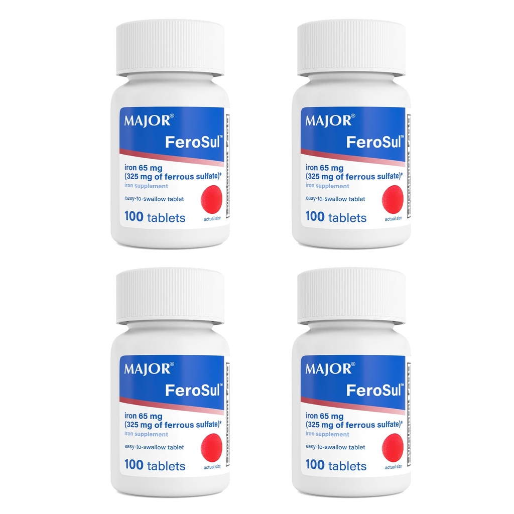 Major Ferosul - Ferrous Sulfate 325mg Tablets with 65mg of Elemental Iron - Iron Supplement for Women, Men - Red - 100 Count (4 Pack)