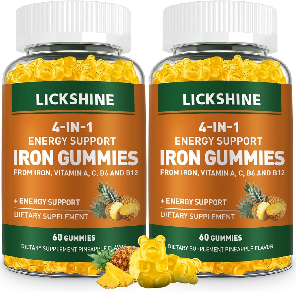 2 Pack Vegan 100MG järntillskott Gummies för kvinnor och män - med vitamin C, A, B för vuxna och barn - Energistöd för järnbrist, Anemi - Pineapple smak (120 Ct)