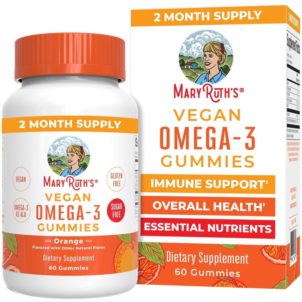 MARYRUTH'S Vegan Omega 3 Gummies for Adults | 2 Month Supply | Sugar Free Supplement with Vitamin C | Flaxseed Oil Immune Support | Overall Wellness | No Fish Taste | 60 Count