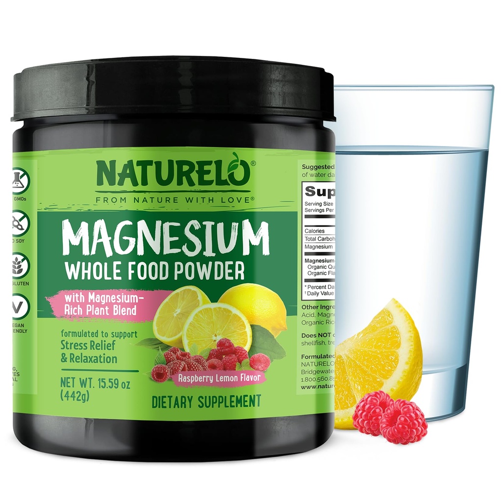 NATURELO Magnesium Powder - Whole Food Calm Magnesium Powder with Quinoa, Cauliflower, & Flaxseed for Stress Relief, Raspberry Lemon 85 Servings, 15oz