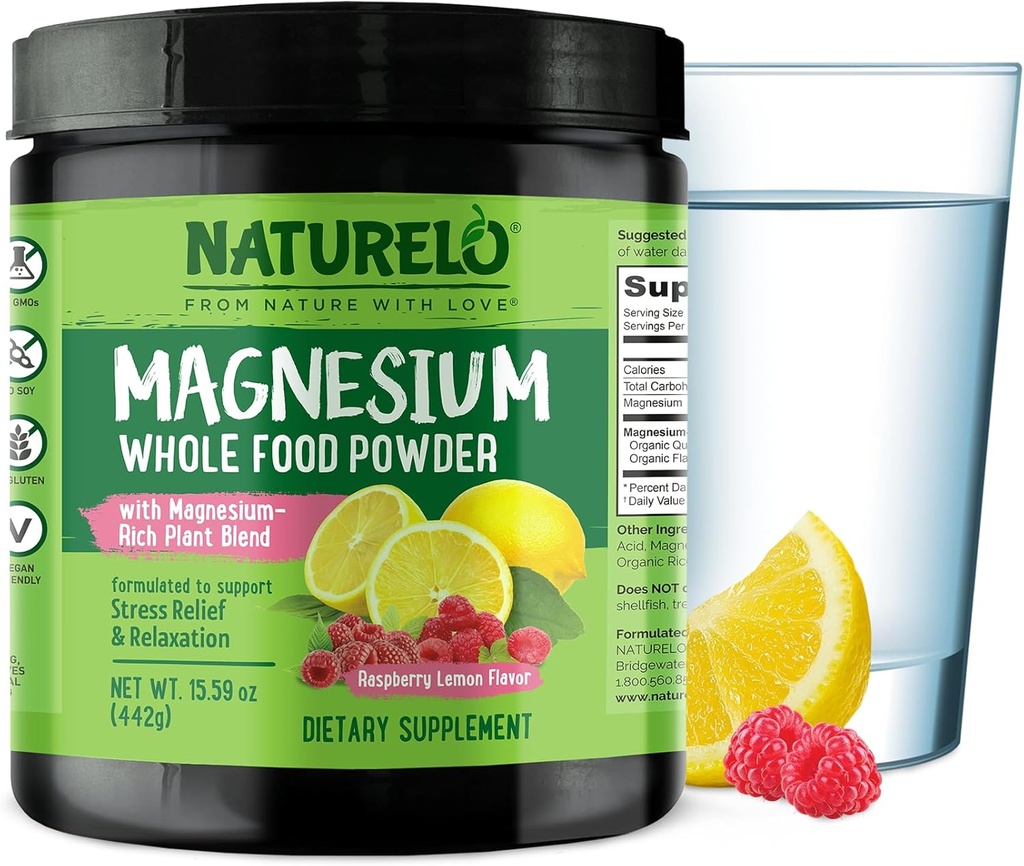 NATURELO Magnesiumpulver - hel mad rolig Magnesium pulver med quinoa, blomkål, & Flaxseed til Stress Relief, Raspberry Lemon 85 Servering, 15oz
