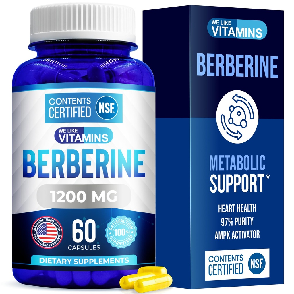 NSF Certified Berberine Supplement, 1200mg, Pure Max Strength Berberine HCL - 60 Vegetarian Capsules (Gluten Free, Non GMO) - 30 Servings by WeLikeVitamins