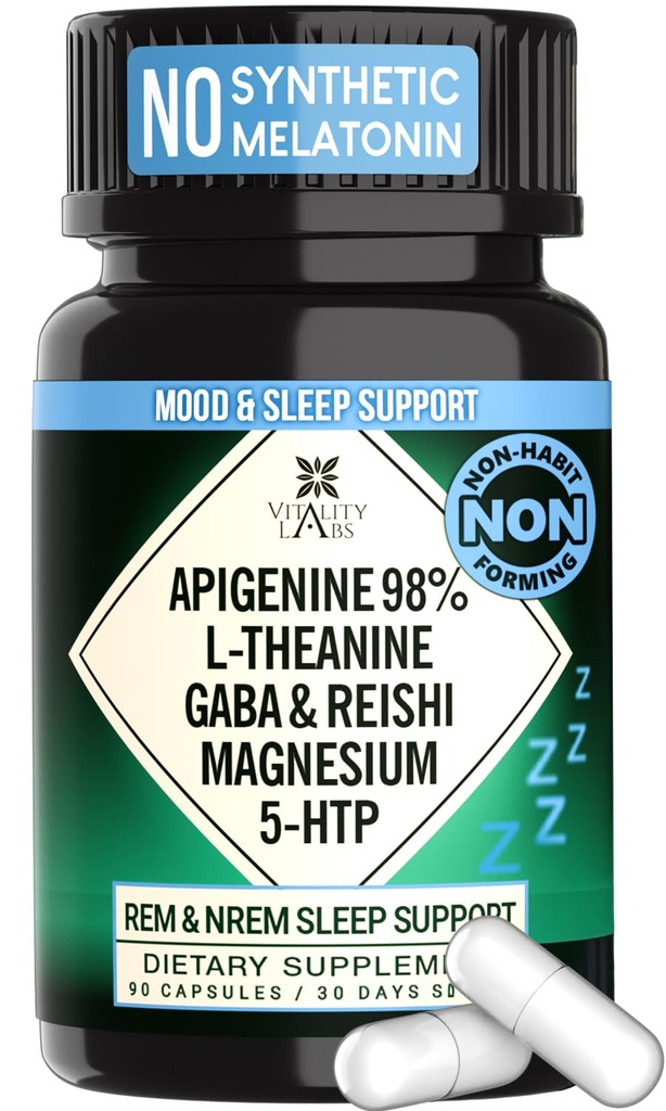 Natural Sleep Aid Supplement for Adults Without Melatonin - Non-Habit Forming Herbal Sleep - GABA, L-Theanine, Reishi Mushroom, Apigenin, Magnesium Glycinate, 5-HTP - 90 Vegan Capsules