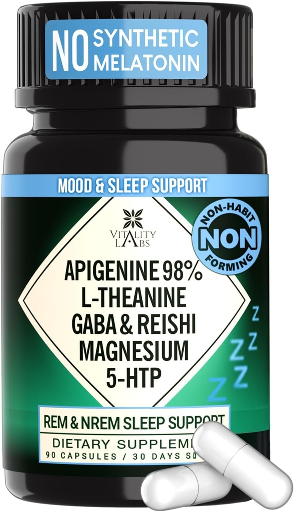 Natural Sleep Aid Supplement voor volwassenen zonder Melatonine - Non-Habit Forming Herbal Sleep - GABA, L-Theanine, Reishi Mushroom, Apigenin, Magnesium Glycinate, 5-HTP - 90 Vegan Capsules